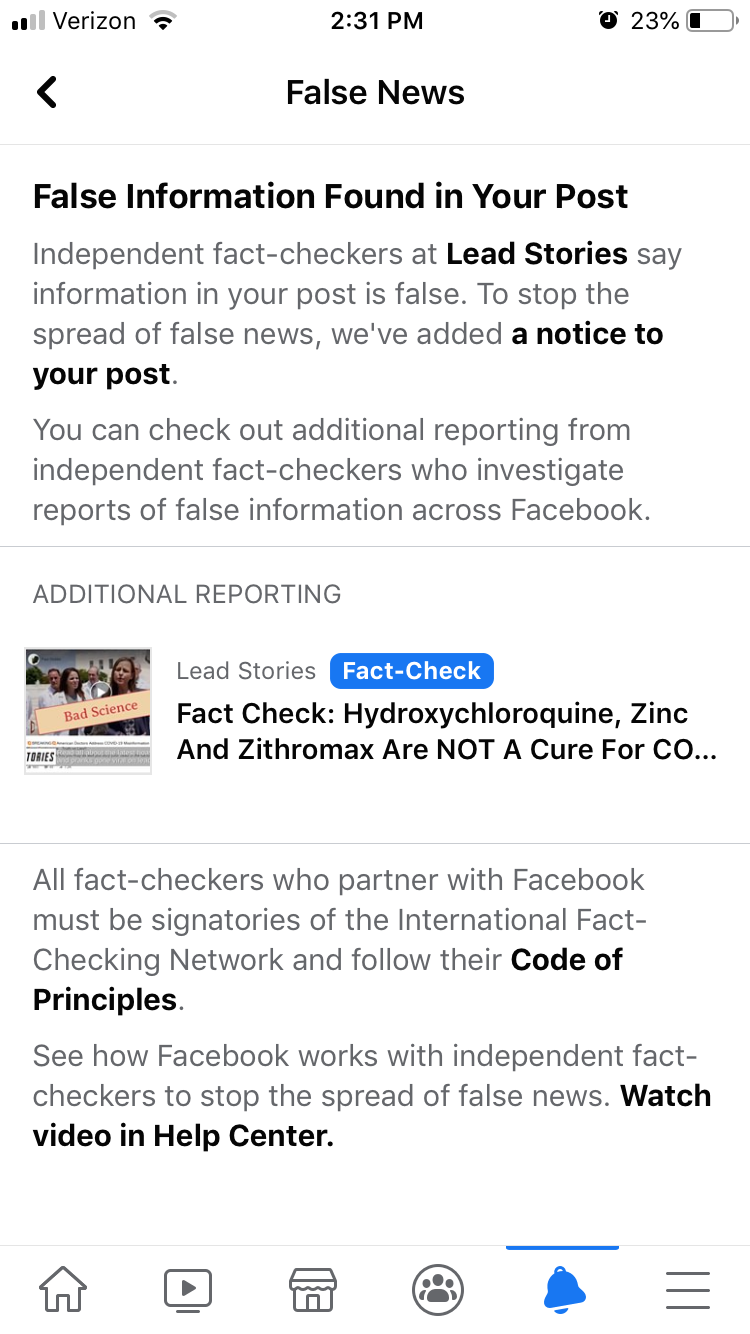 Facebook censorship: Supposed fact-check.