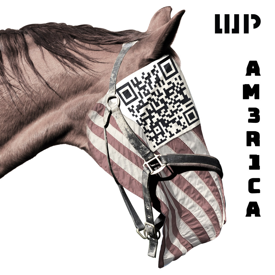 Album art for America. The head of a horse with an American flag face, the flag with a QR code in place of the stars.