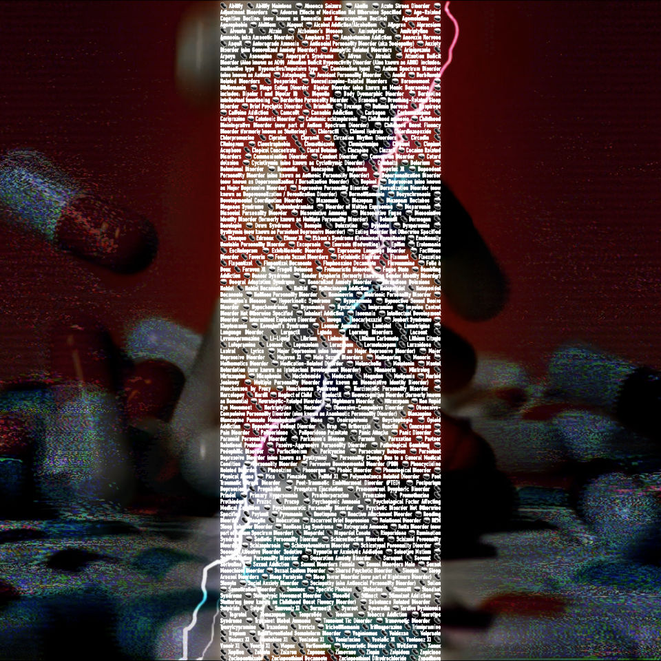 Label U Drug U cover art. A list of mental disorders and psychotropic drugs overlaying a dark background of pills spilling into a pile.