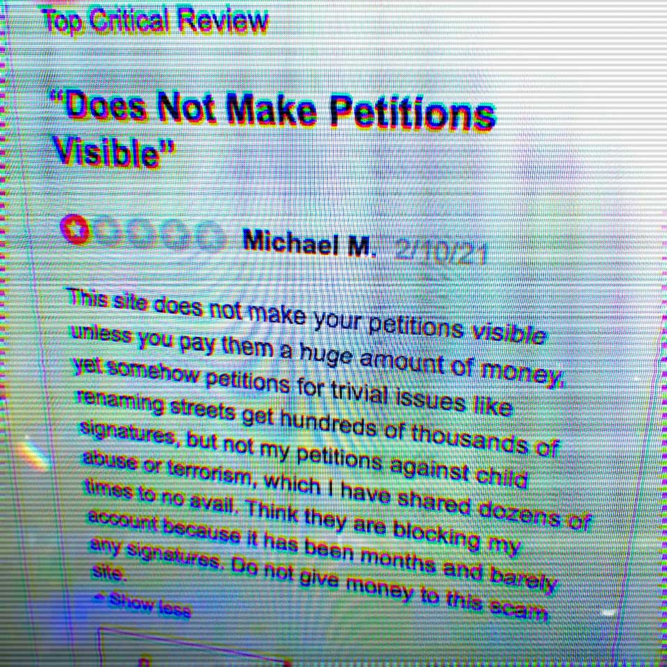 Negative review of a petition website.
